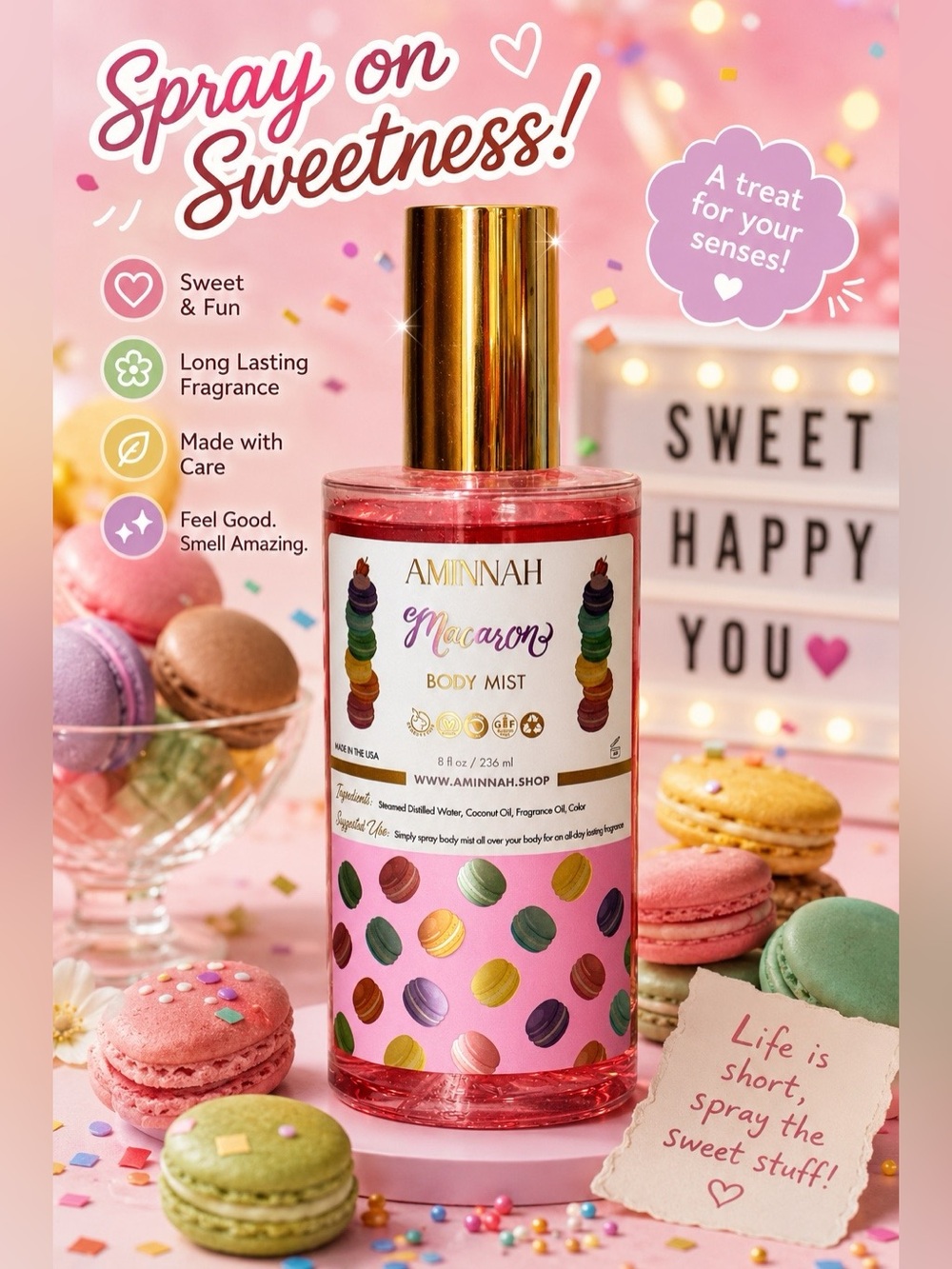 AMINNAH “Macaron” Body Mist – 8 fl oz 🍬✨